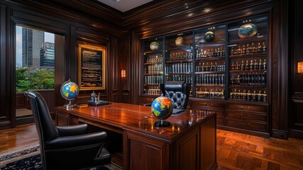 Elegant office with wooden decor, featuring globes and a stylish desk, perfect for a professional environment.