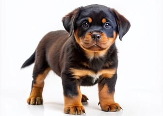 Fototapeta premium Adorable Rottweiler puppy stands proudly on a pure white background, showcasing its stout body, wrinkled skin, and sweet facial expression, oozing innocence and playfulness.