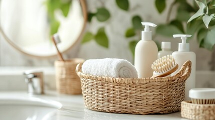 Wicker Basket with Cleaning Products and Brush on Bathroom Table. AI generated illustration