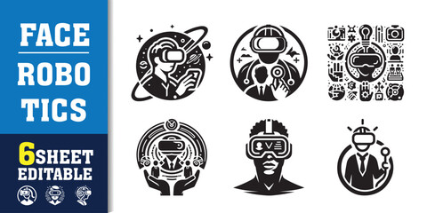Face robotics Artificial intelligence icon collection. machine learning, data science, AI, virtual assistant, generative AI, technology. Line vector icons set.