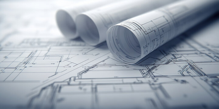 Blueprints and engineering drawings rolled up on table, showcasing intricate designs and plans for construction projects. detailed lines and measurements evoke sense of precision and creativity