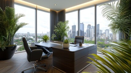Modern office interior with large windows showcasing a city view, lush plants, and a sleek desk, creating a professional atmosphere.