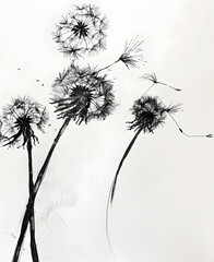 hand drawn black ink dandelion blowing in the wind blank background