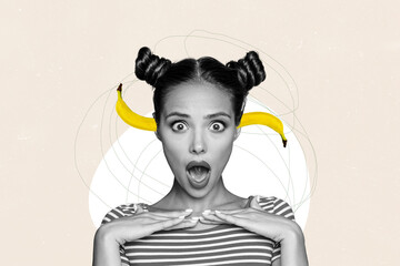 Composite photo collage of astonished silly girl close ear banana earplugs deaf noise sound...