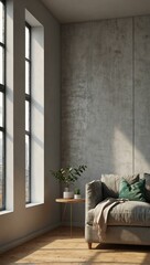 3D mockup of a blank wall in a bright office with large windows.