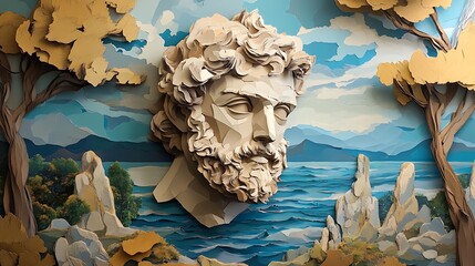 A stylized paper art depiction of a classical head surrounded by a serene landscape.