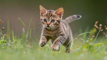 Playful Toyger Kitten Running Through Lush Tall Grass in Natural Light - Energetic Feline Fun