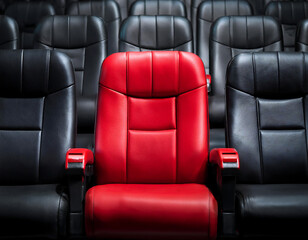 Fototapeta premium One red seat among black seats – A standout red cinema seat among a row of black ones, _1(274)