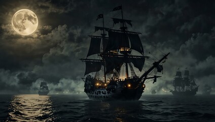 Fototapeta premium 1750 pirate galleon with black sails and golden cannons under a full moon and fog.