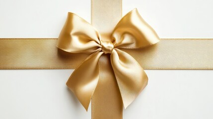 Fototapeta premium Gold satin ribbon cross with bow isolated on white, top view