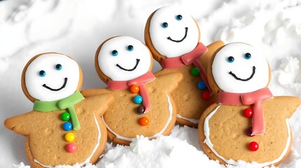 Snowman-Shaped Gingerbread Cookies with Candy Scarves in a Playful Snow Scene