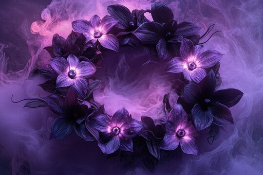Enchanted Halloween flower wreath made of glowing moonflowers and black orchids, swirling in a soft purple mist, spooky yet serene
