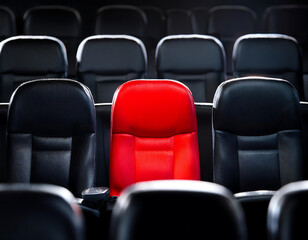 Obraz premium One red seat among black seats – A standout red cinema seat among a row of black ones, high_1(273)