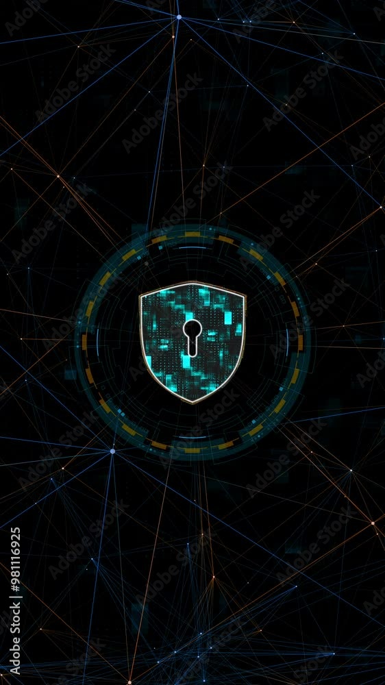 Poster motion graphic of blue digital security shield logo with circle futuristic hud elements and orange l