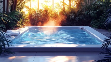 Modern jacuzzi surrounded by tropical plants steaming at sunset