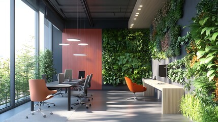 Modern office space with greenery, featuring a collaborative area and ergonomic furniture.