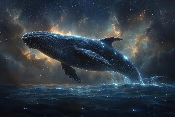 Fototapeta premium dreamlike scene of colossal whale breaching starry night ocean bioluminescent details surreal scale ethereal atmosphere fantasy landscape