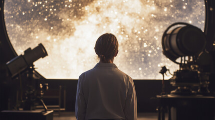 Female astronomer observing a star-filled projection in a dark observatory.