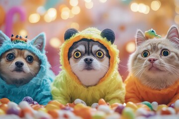 Obraz premium Playful scene of pets wearing monster costumes, with colorful Halloween decorations like candy corn and glowing pumpkins scattered around