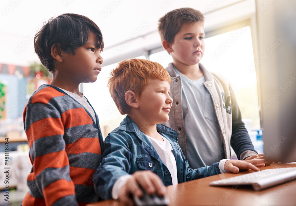 Poster computer, learning and research with children in classroom for technology, future and digital librar