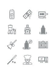 Board, Boombox, Bow, arrow, Box, tool, Electric, Fence, set of icons for web design, vector illustration