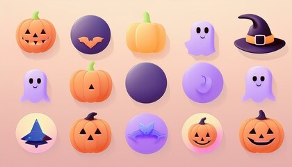 Naklejka premium Classic Halloween Icons: A set of simple, flat icons featuring classic Halloween symbols like a pumpkin, ghost, bat, witch hat, black cat, and spider. 3D icon set halloween. 3D halloween. icon 