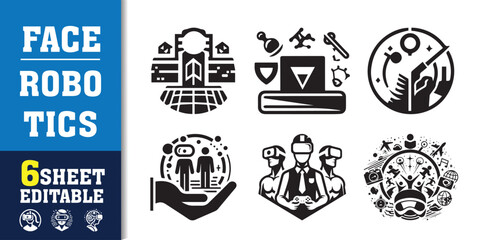 Obraz premium Face robotics Artificial intelligence icon collection. machine learning, data science, AI, virtual assistant, generative AI, technology. Line vector icons set.