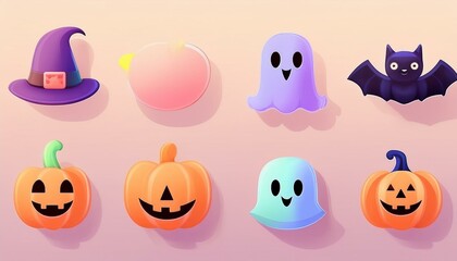 Classic Halloween Icons: A set of simple, flat icons featuring classic Halloween symbols like a pumpkin, ghost, bat, witch hat, black cat, and spider.  3D icon set halloween. 3D halloween. icon 