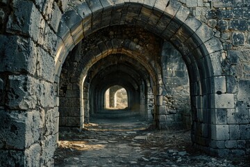 Fototapeta premium A stone tunnel with a light at the end, perfect for depicting hope or guidance
