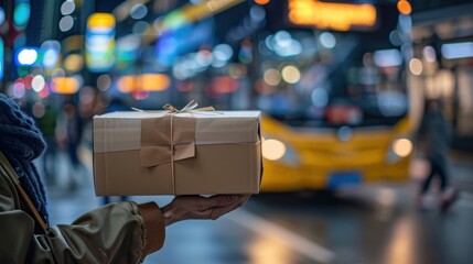 Obraz premium Delivery person handing over a package at a busy urban transit station with buses and commuters in the background.