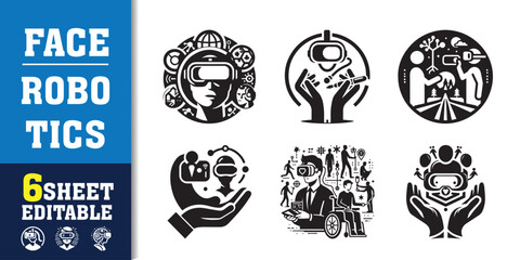 Face robotics Artificial intelligence icon collection. machine learning, data science, AI, virtual assistant, generative AI, technology. Line vector icons set.