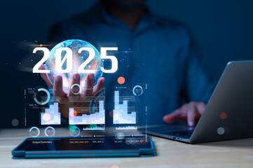 Visionary scene futuristic data visualization in 2025, with interactive elements and statistics, symbolizing integration of technology and analytics in decision-making processes