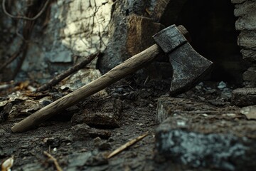 A Rusty Axe Abandoned in a Decaying Stone Structure
