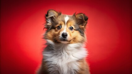 Adorable Shetland Sheepdog puppy with fluffy fur and big brown eyes sits on a vibrant red background, looking up with an endearing expression, awaiting text.