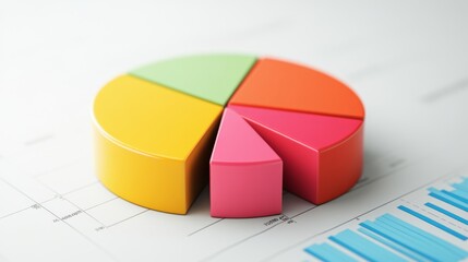 Fototapeta premium A vibrant 3D pie chart placed on top of financial graphs, illustrating business data and distribution of resources.