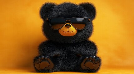 Cute cool teddy bear wearing sunglasses on yellow background	