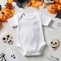 A blank white baby onesie surrounded by Halloween decorations, perfect for festive baby costumes and seasonal outfits.