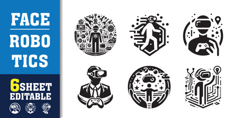 Face robotics Artificial intelligence icon collection. machine learning, data science, AI, virtual assistant, generative AI, technology. Line vector icons set.