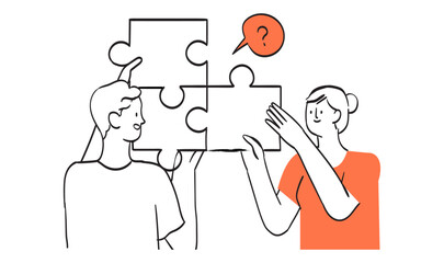 Vector illustration people doing jigsaw puzzle together in outline style. Company employees coordination, personnel productivity, effective team building and management, teamwork, leadership concept.