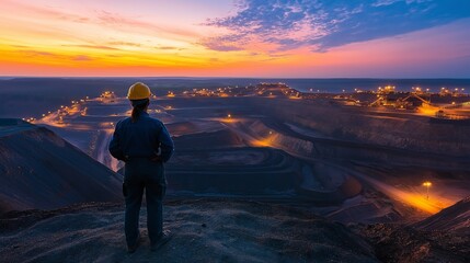 Obraz premium A female miner in a helmet overlooks a diamond mining operation illuminated by lights during sunset