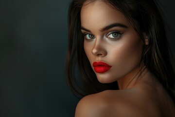 A close-up shot of a woman's face with bold red lipstick on a dark, black background