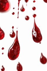 Obraz premium A close-up shot of several red liquid drops on a white background, suitable for use in medical or scientific illustrations