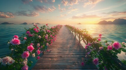 &Amidst the sea and sky, stands a rose path, like a poetic corridor in the waves. The sunset falls, and the warm golden light shines on the pink and white