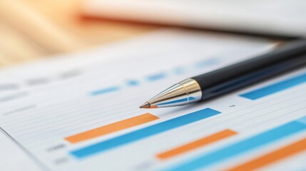 Close-up of a black and silver pen resting on a business report featuring colorful bar charts, illustrating data analysis.