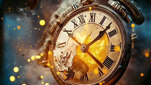 A detailed view of an antique clock shattering in an intense explosion. The fiery blast sends debris flying in all directions, creating a dramatic and intense scene in the dark backdrop.