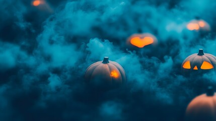 Fototapeta premium Glowing Jack-O-Lanterns in Blue Smoke for Halloween