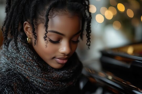 emotive portrait of a young black girl playing a grand piano her face illuminated with passion and concentration