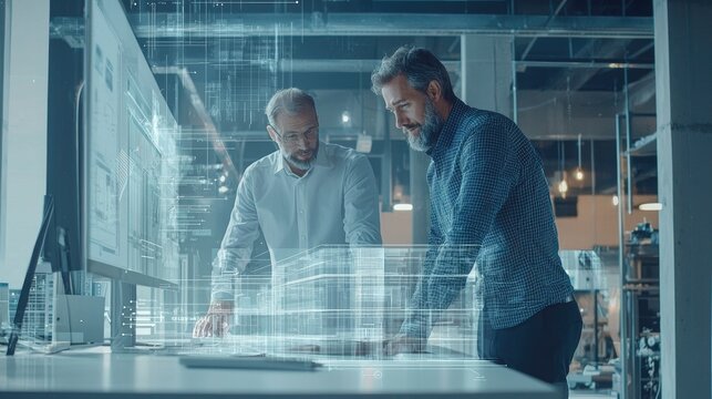 An architect and consultant working together, with blueprints and a computer screen displaying a facade design, highlighted with regulatory markers.