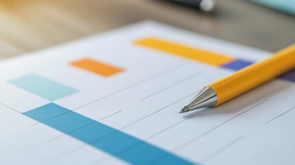 Yellow pen placed on a colorful financial data sheet, representing analysis, planning, and business reporting in corporate finance.