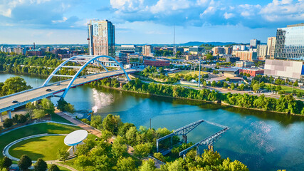 Aerial View of Nashville Bridge and Riverfront at Sunset
